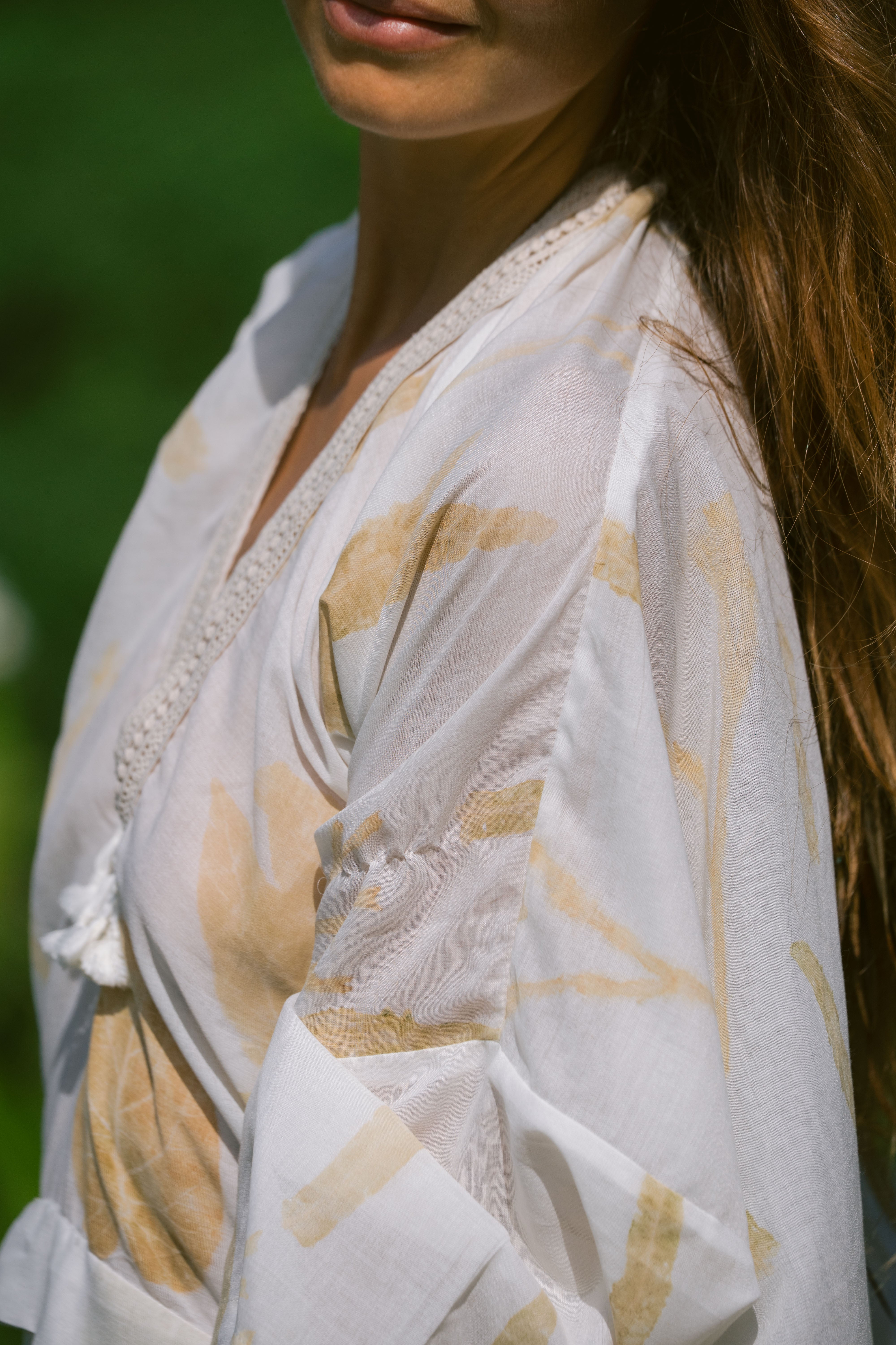 The Parvati – White & Brown Cotton Silk Eco Print Dress