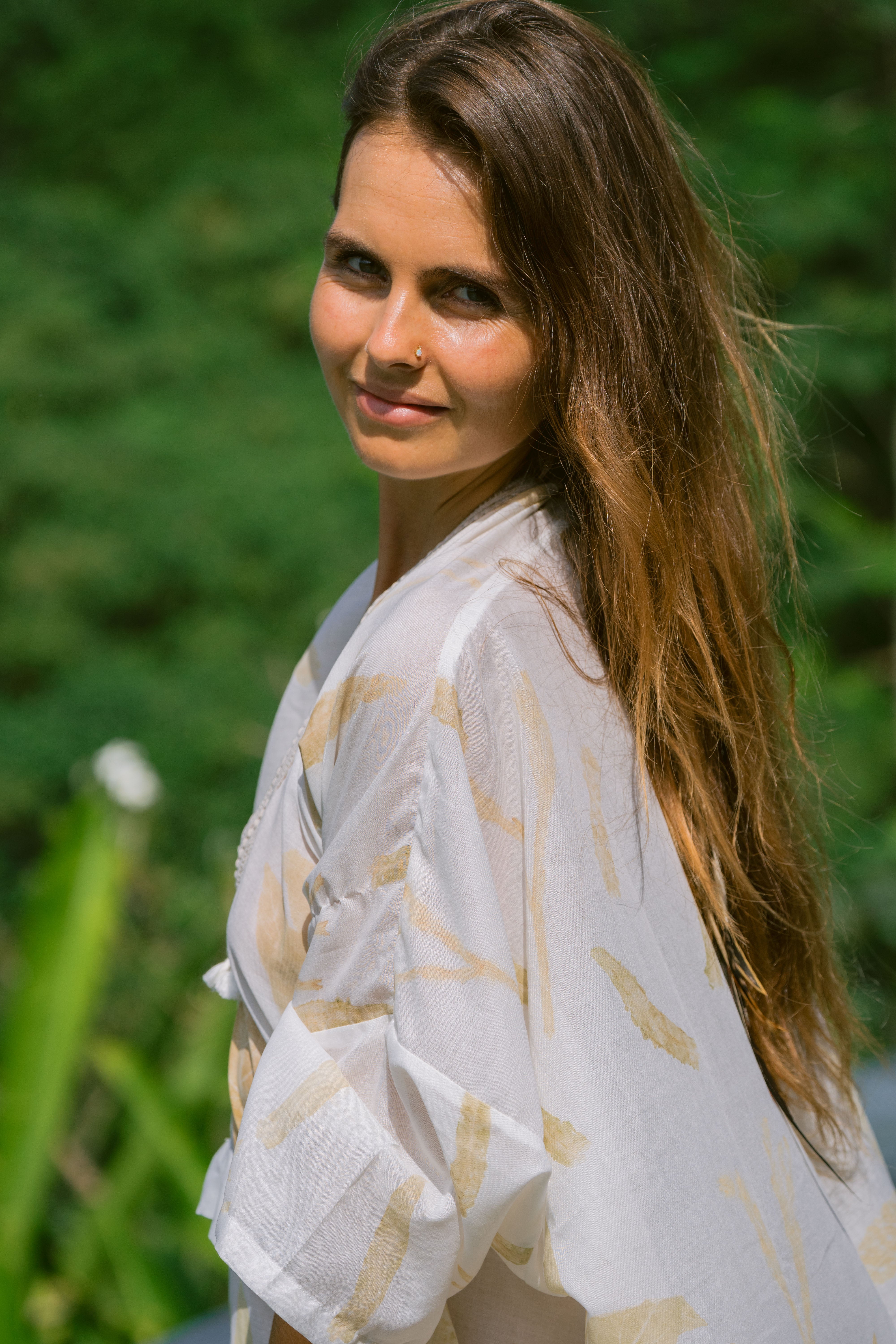 The Parvati – White & Brown Cotton Silk Eco Print Dress
