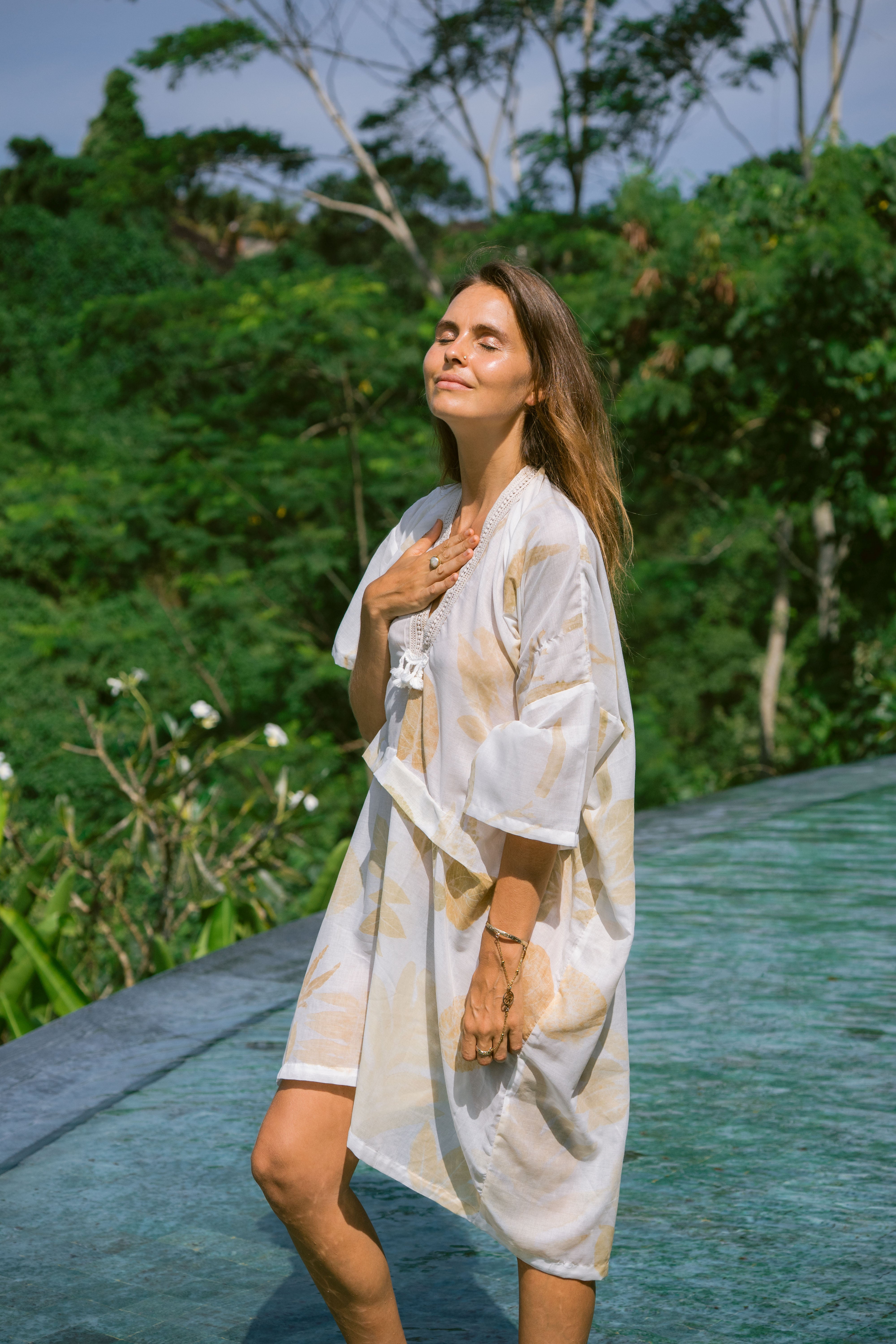 The Parvati – White & Brown Cotton Silk Eco Print Dress