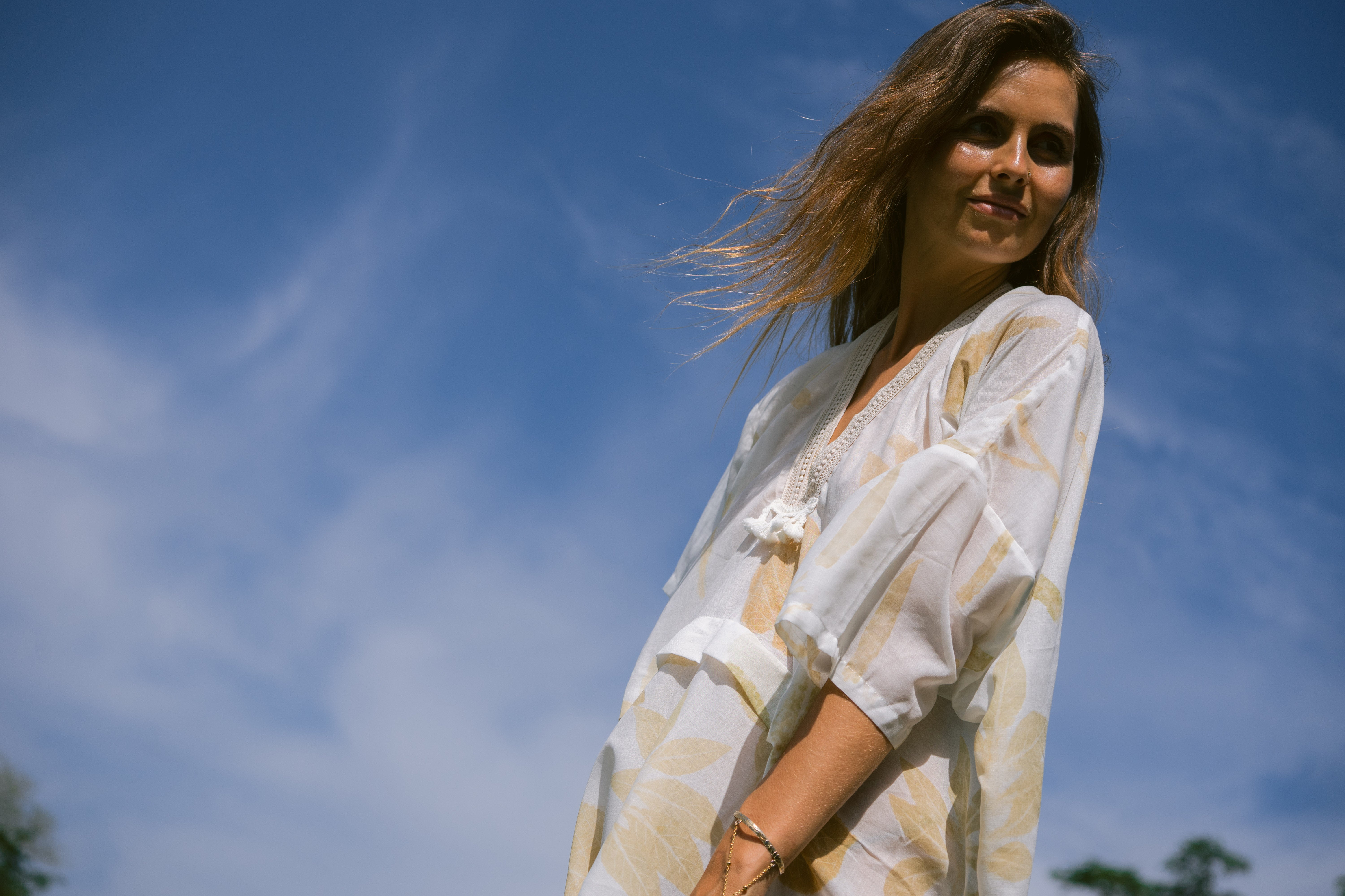 The Parvati – White & Brown Cotton Silk Eco Print Dress