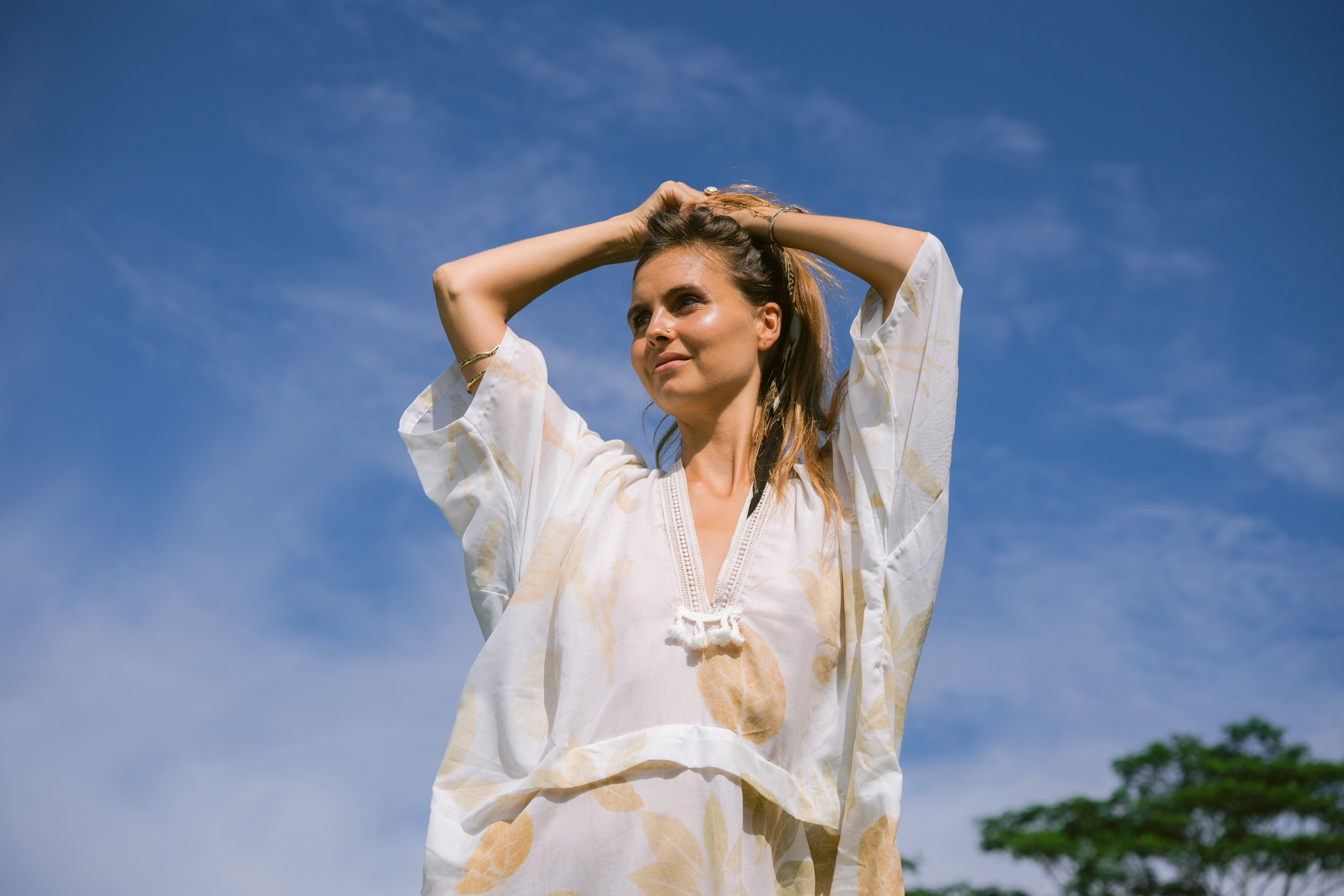 The Parvati – White & Brown Cotton Silk Eco Print Dress