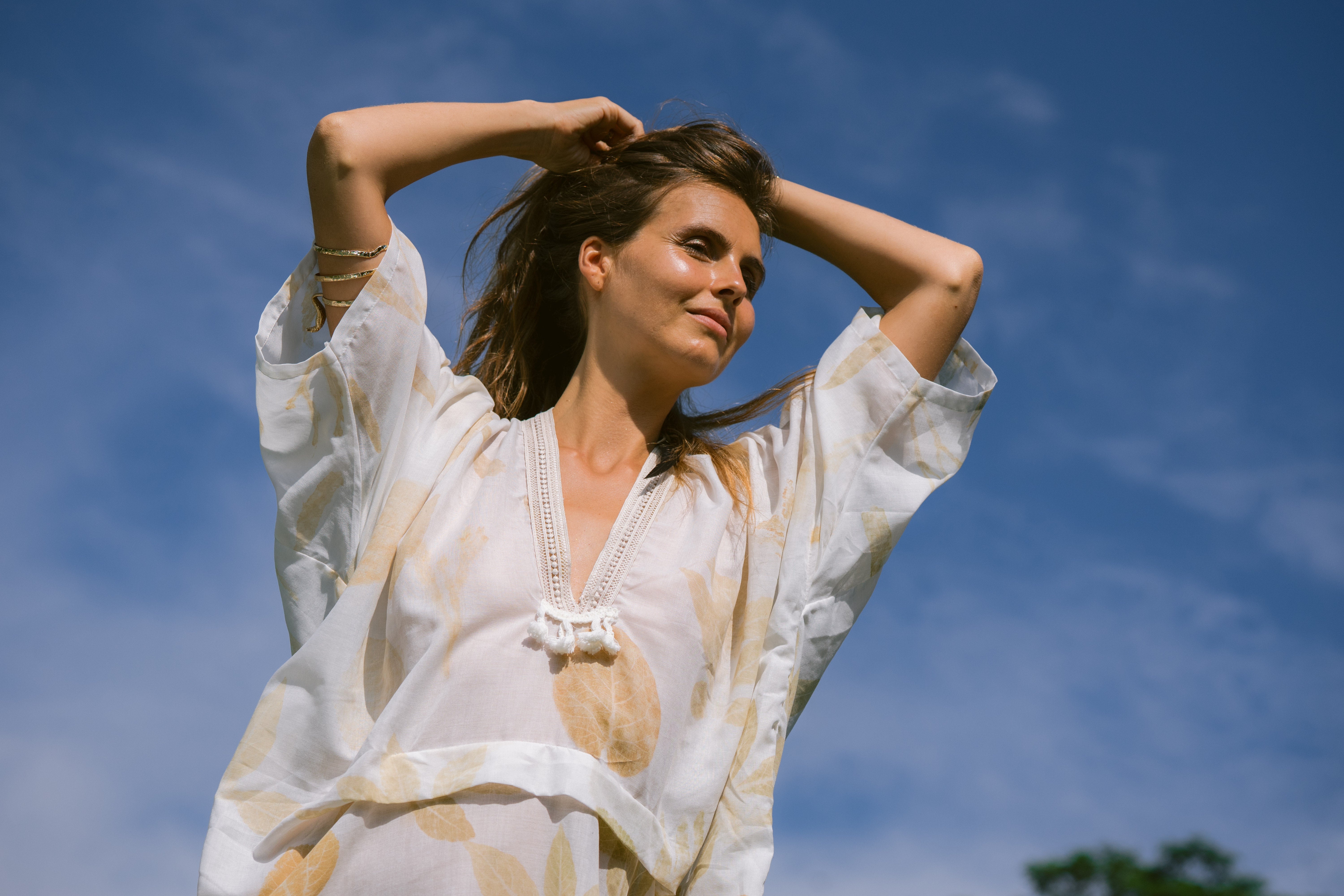 The Parvati – White & Brown Cotton Silk Eco Print Dress