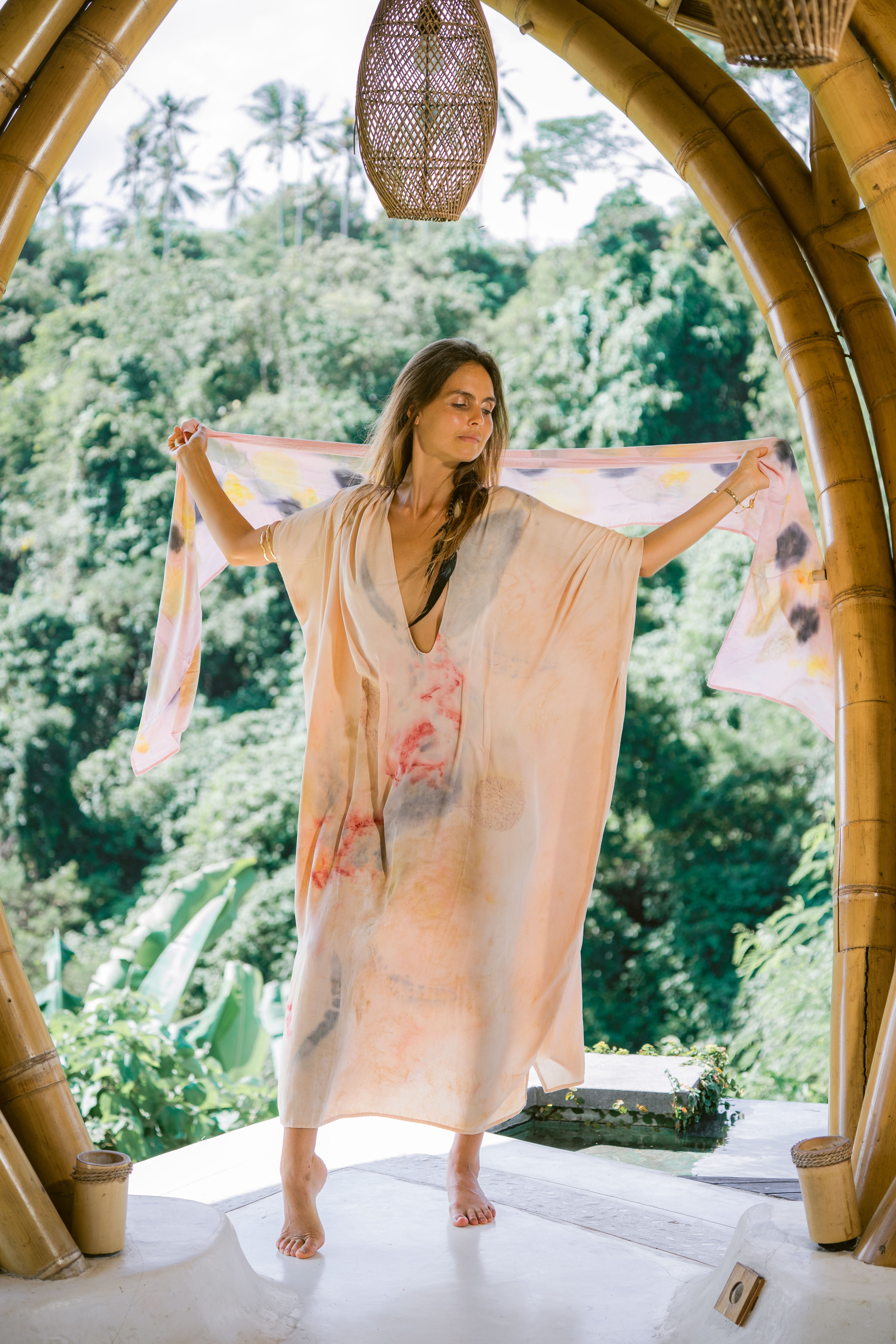 The Ratna Sari, White, Yellow, Pink, Blue & Green Leaves Organic Cotton Shawl