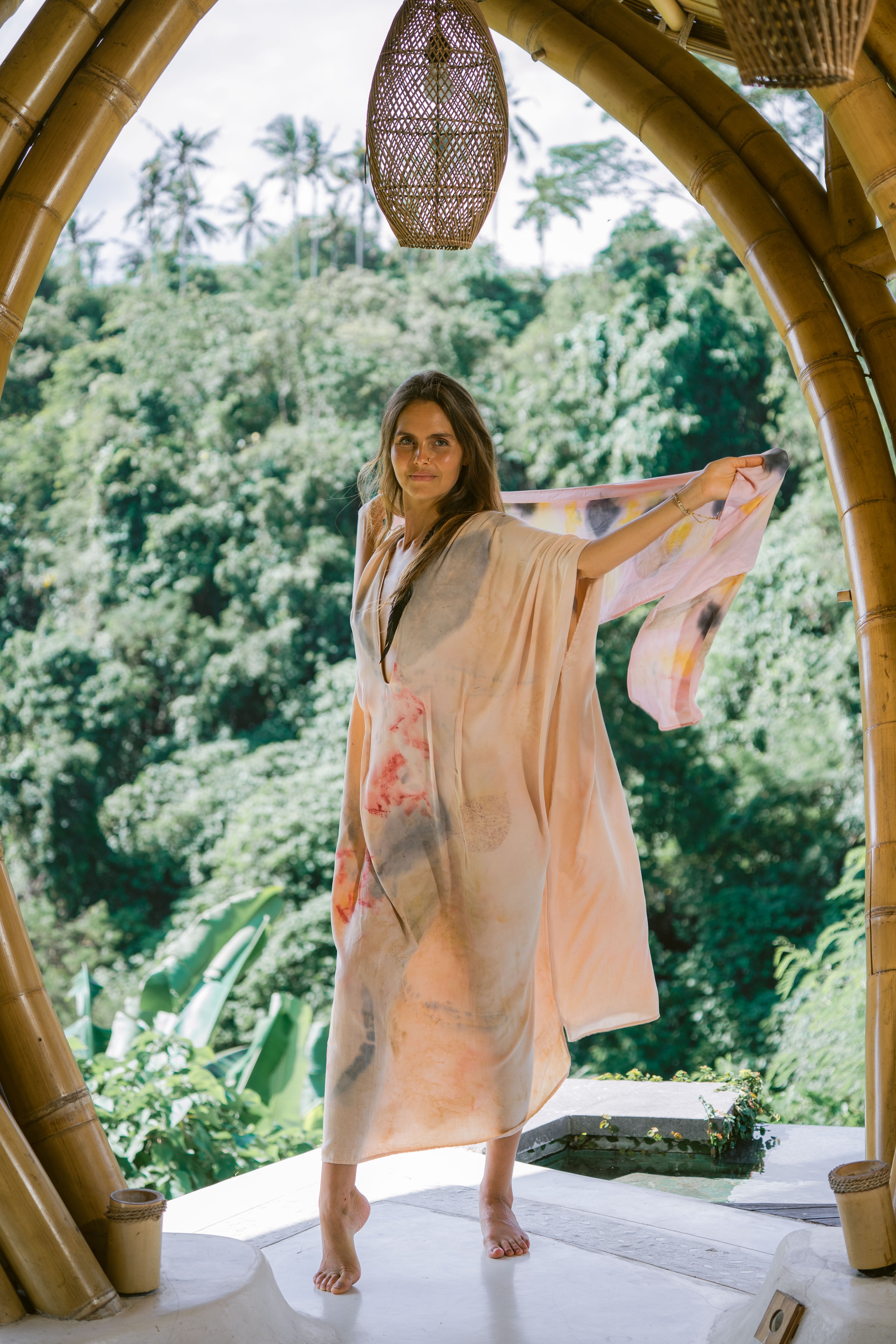 The Ratna Sari, White, Yellow, Pink, Blue & Green Leaves Organic Cotton Shawl