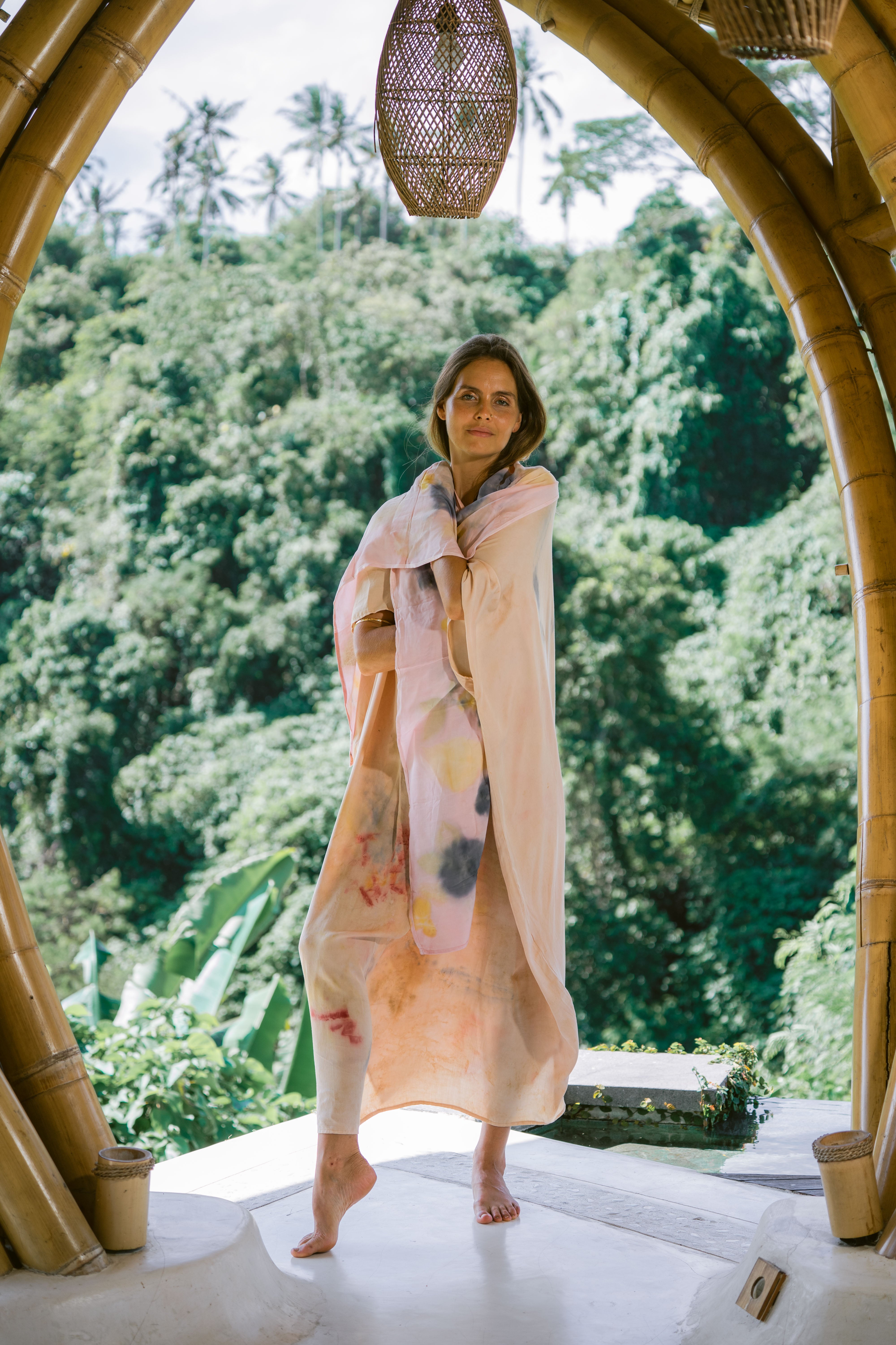 The Ratna Sari, White, Yellow, Pink, Blue & Green Leaves Organic Cotton Shawl