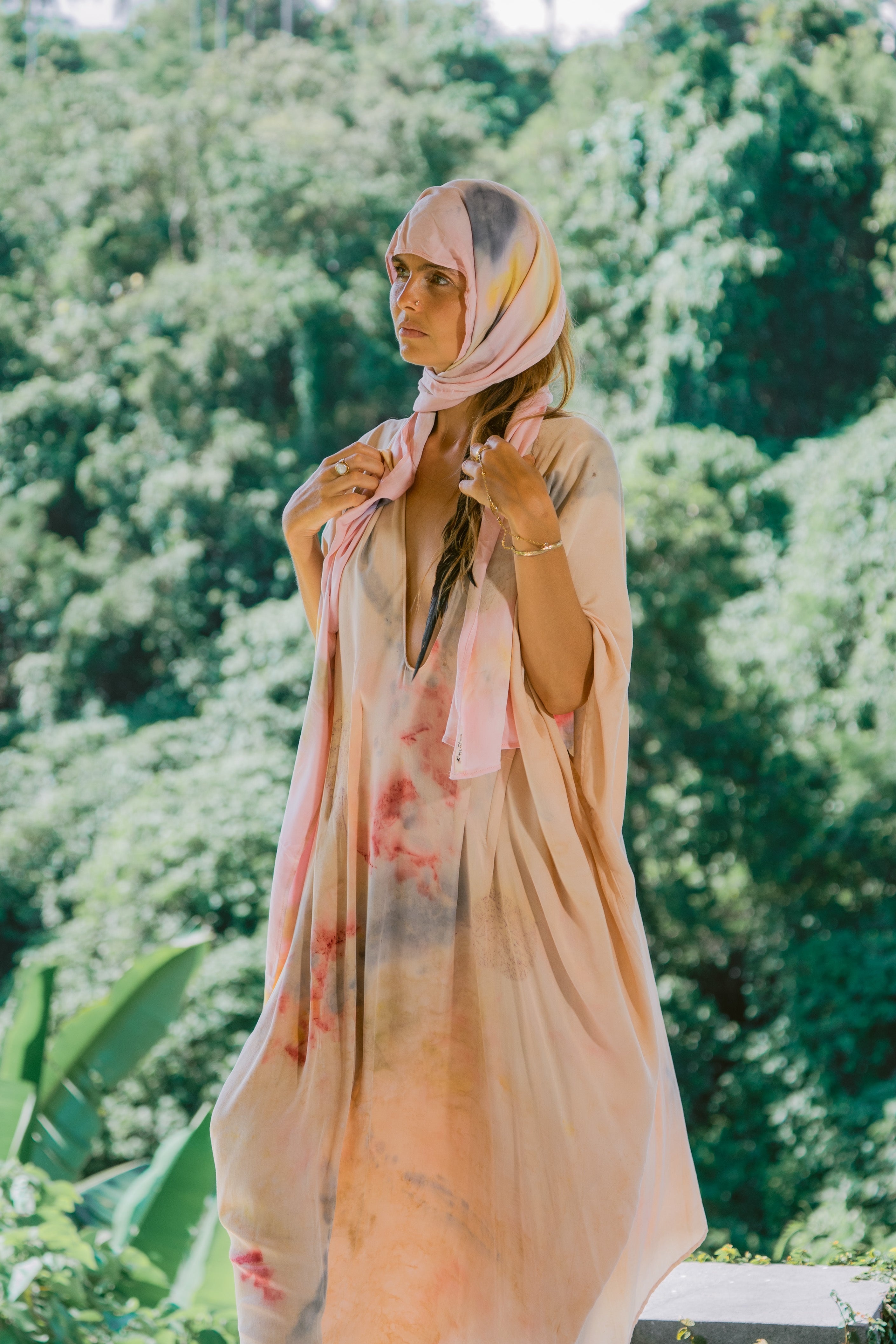 The Ratna Sari, White, Yellow, Pink, Blue & Green Leaves Organic Cotton Shawl