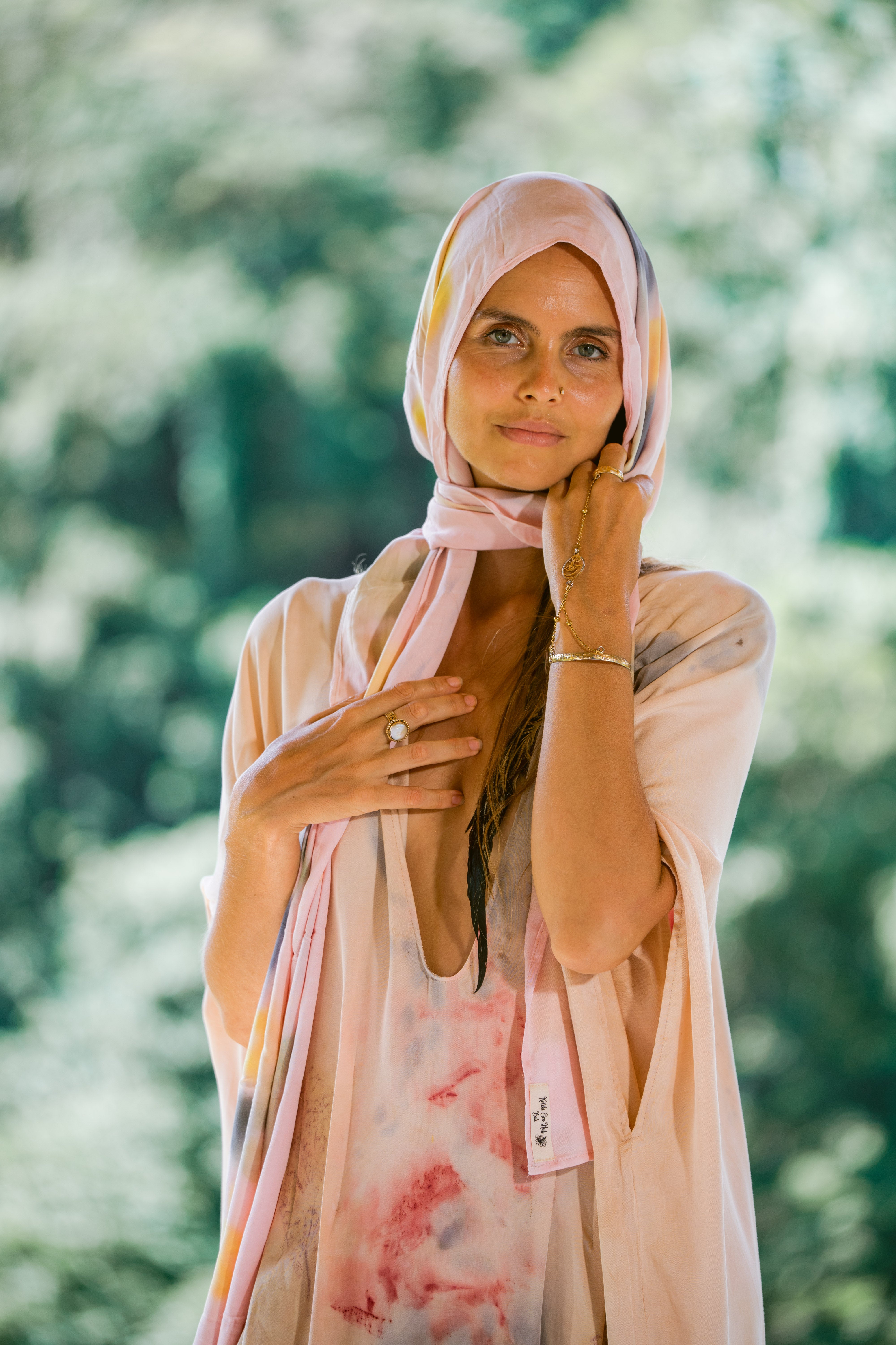 The Ratna Sari, White, Yellow, Pink, Blue & Green Leaves Organic Cotton Shawl