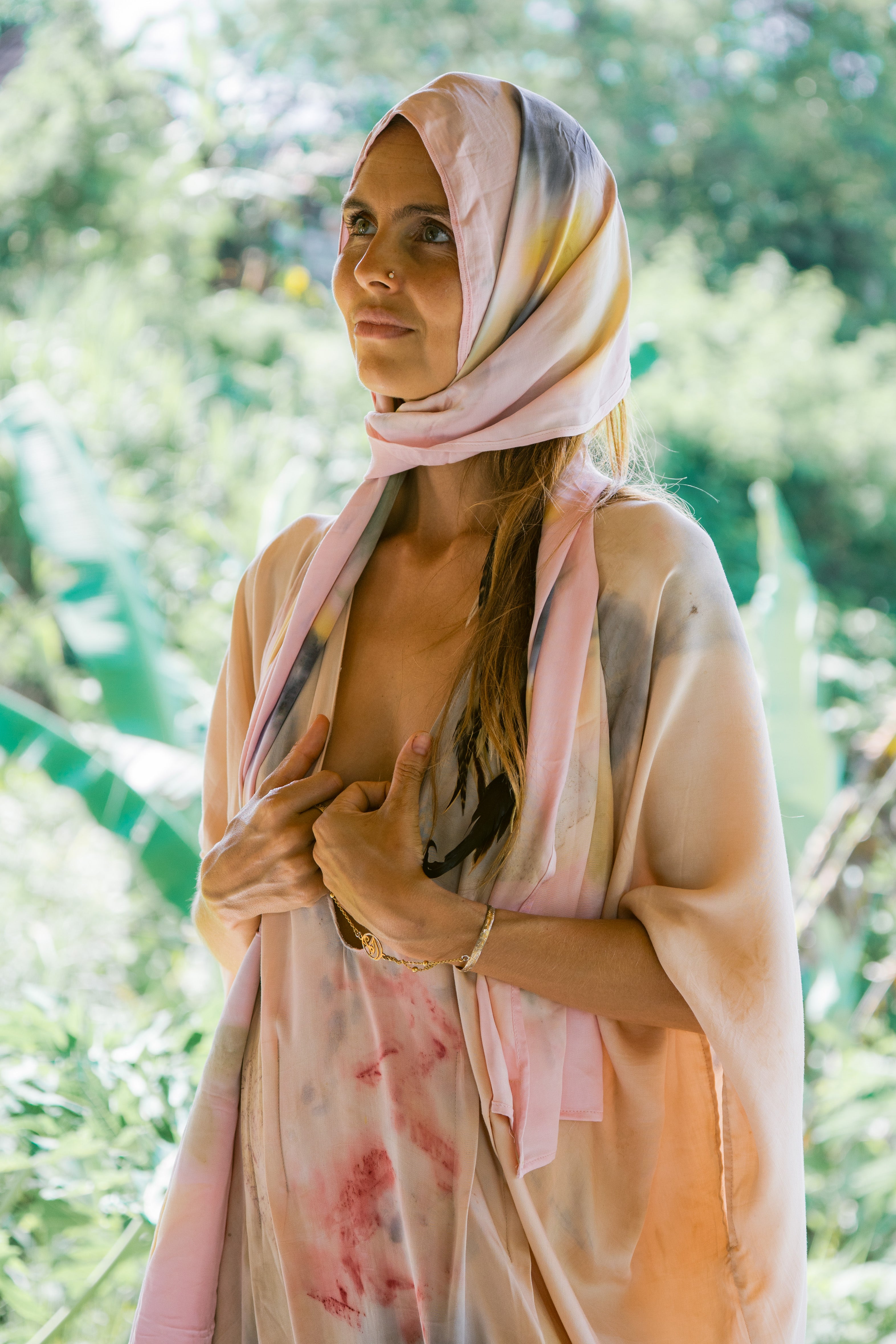 The Ratna Sari, White, Yellow, Pink, Blue & Green Leaves Organic Cotton Shawl