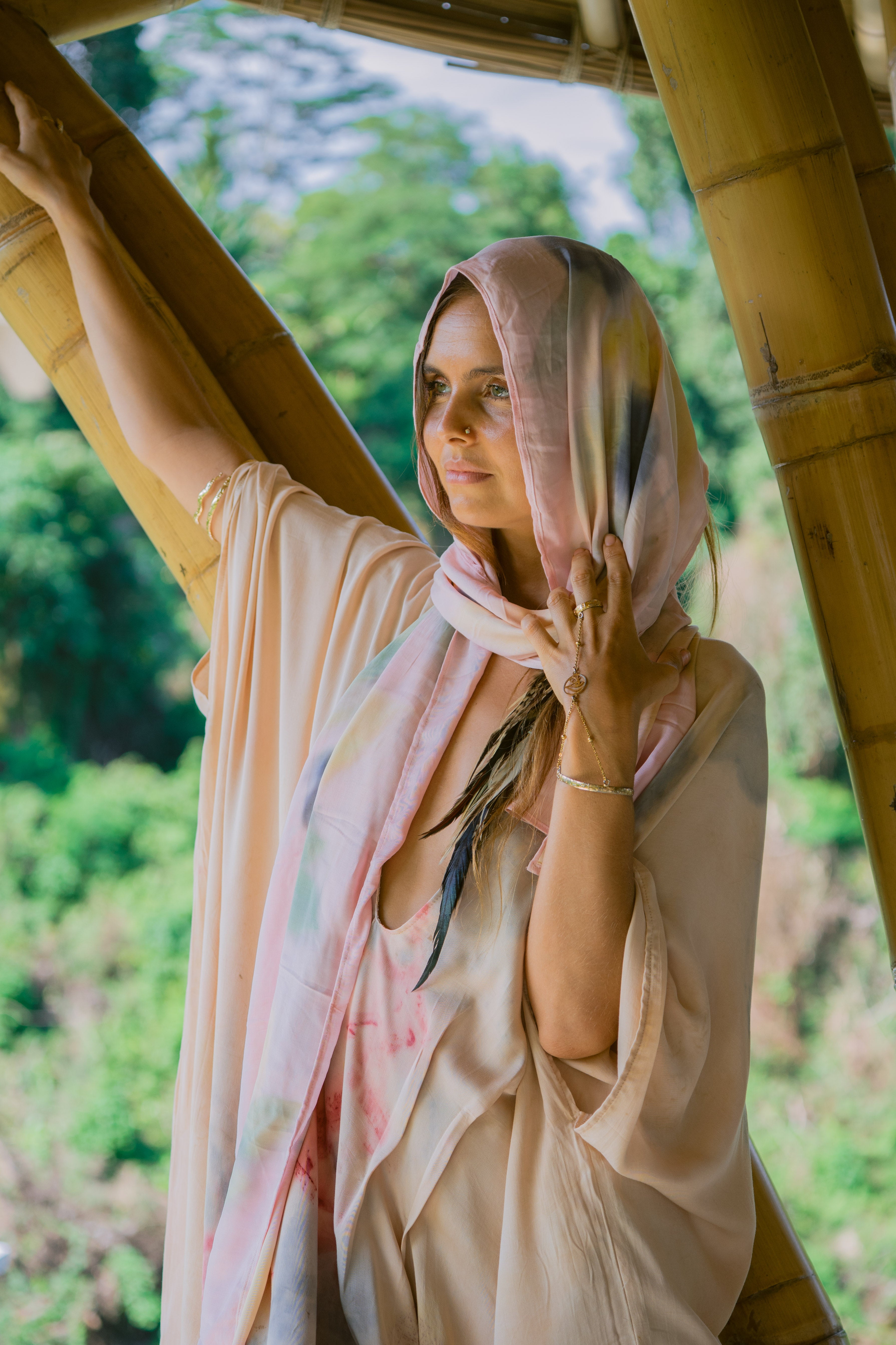 The Ratna Sari, White, Yellow, Pink, Blue & Green Leaves Organic Cotton Shawl