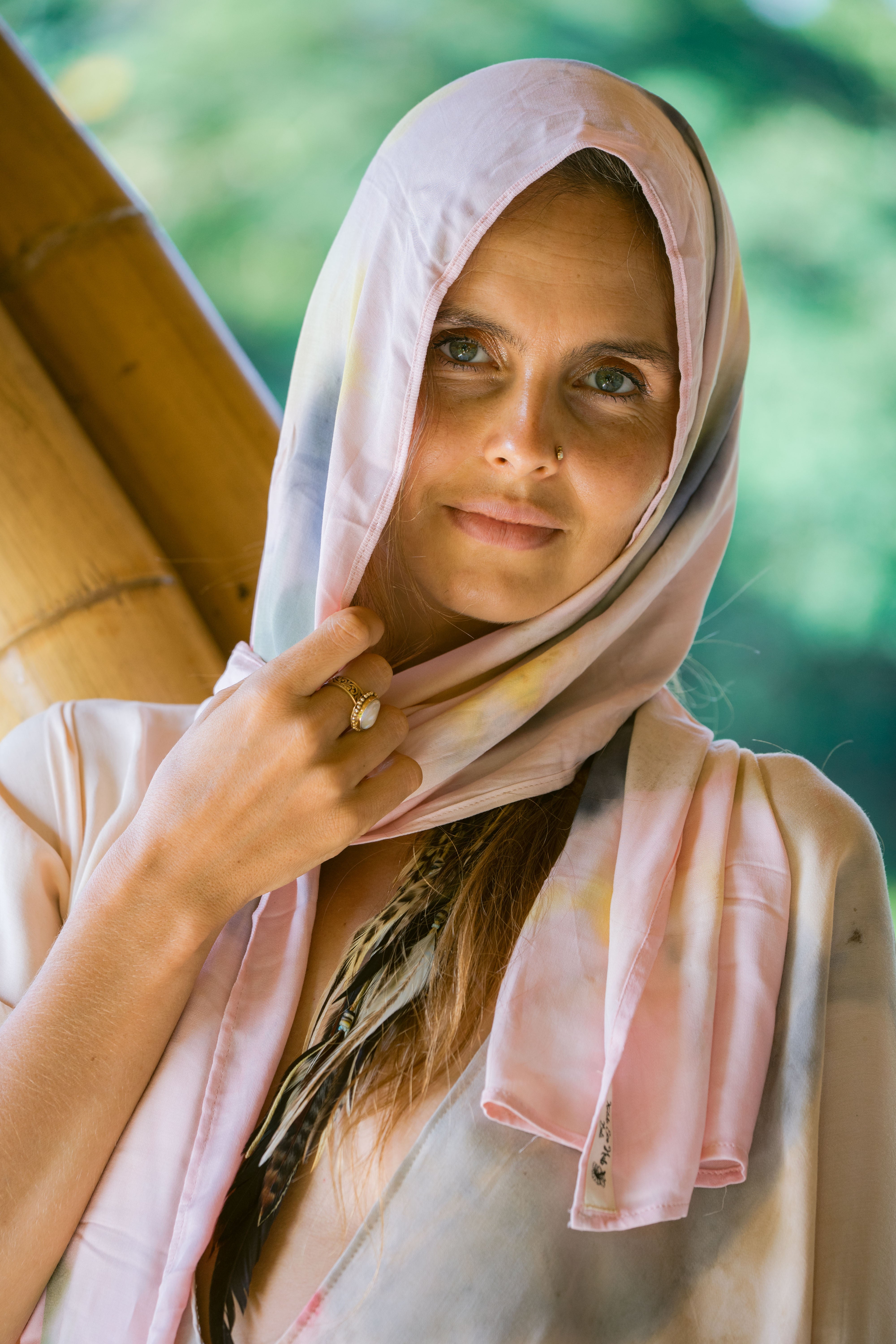 The Ratna Sari, White, Yellow, Pink, Blue & Green Leaves Organic Cotton Shawl