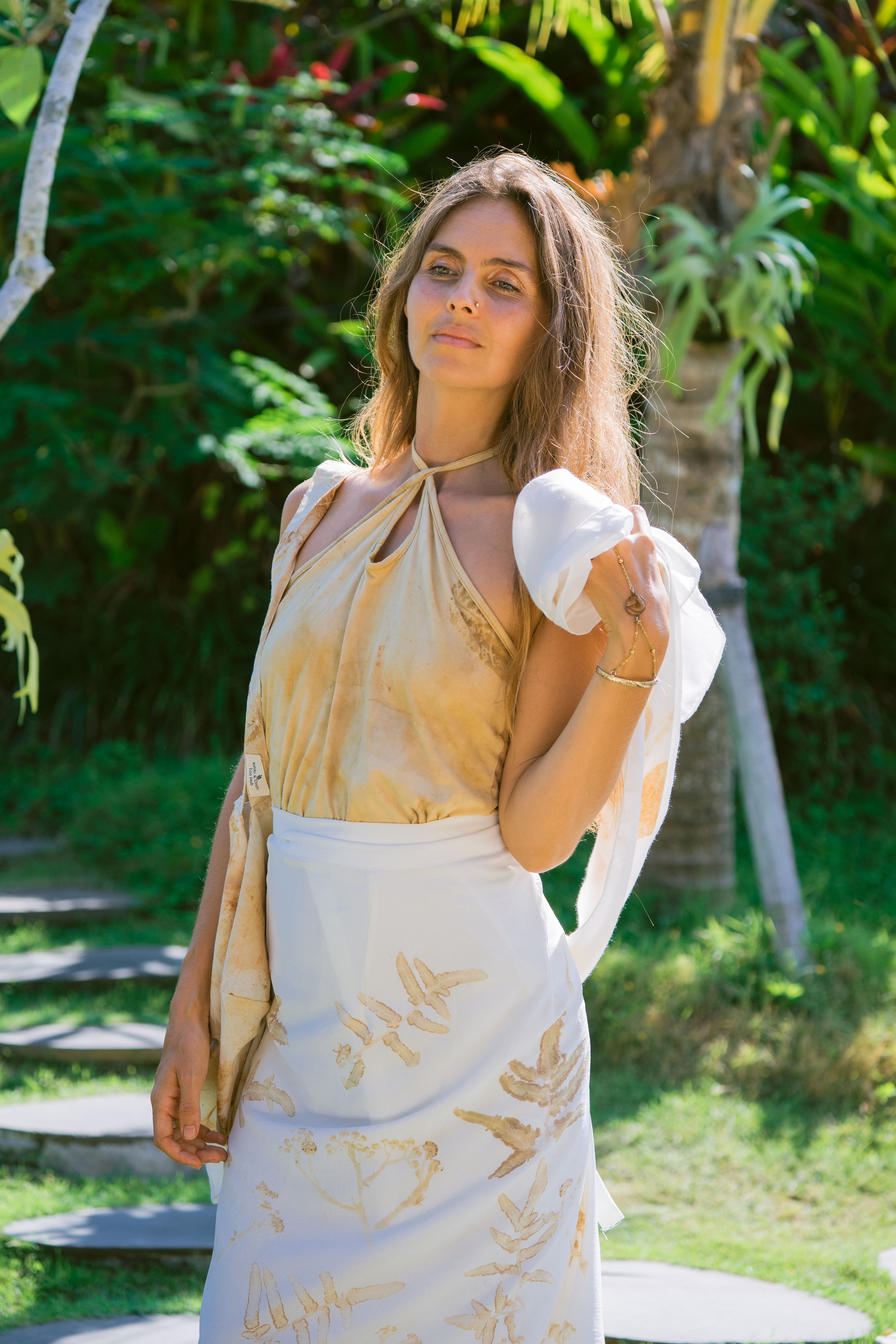 The Sekar Dewi, White & Brown Leaves Organic Cotton Sarong