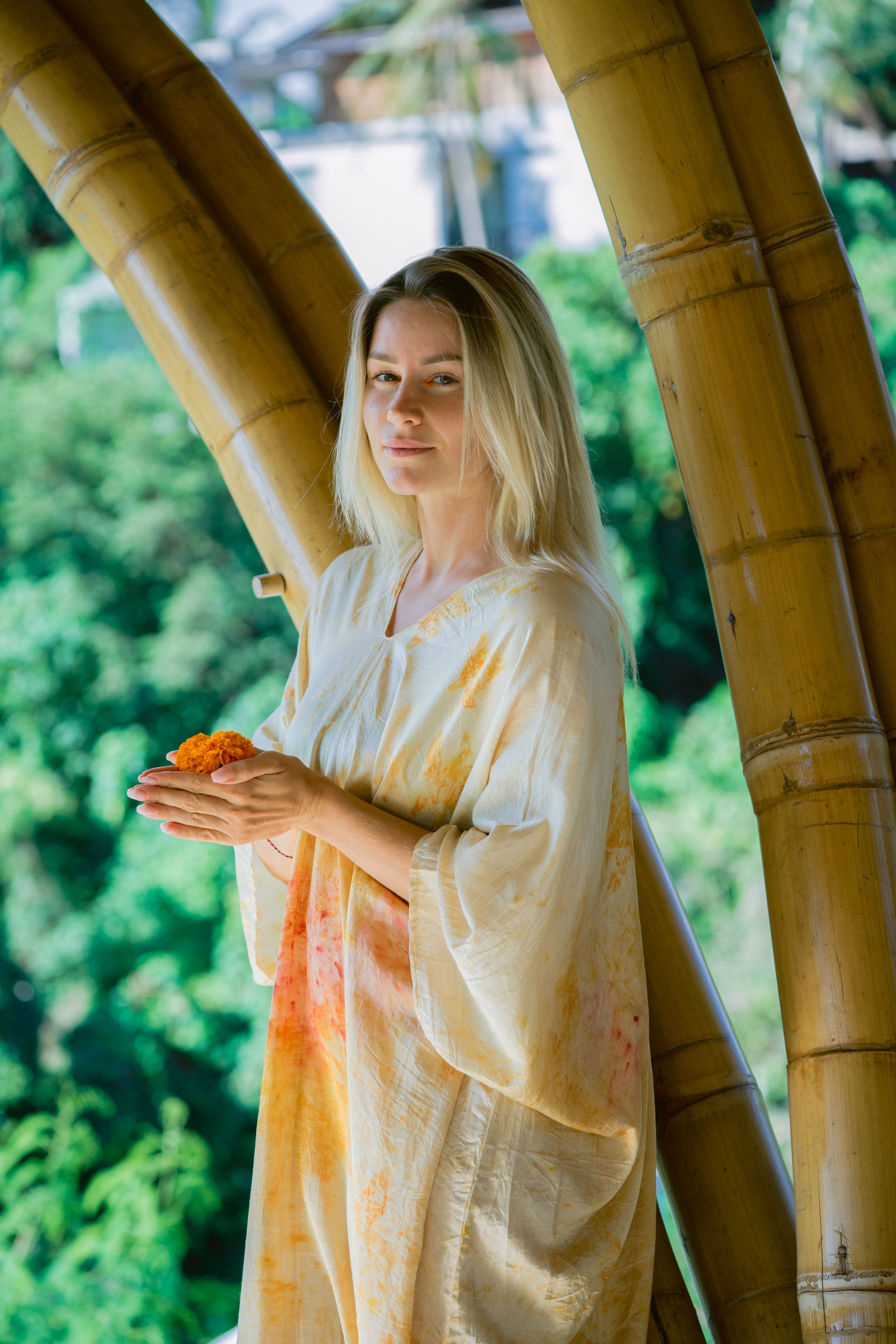 The Parvati – Red & Yellow Cotton Silk Eco Print Dress