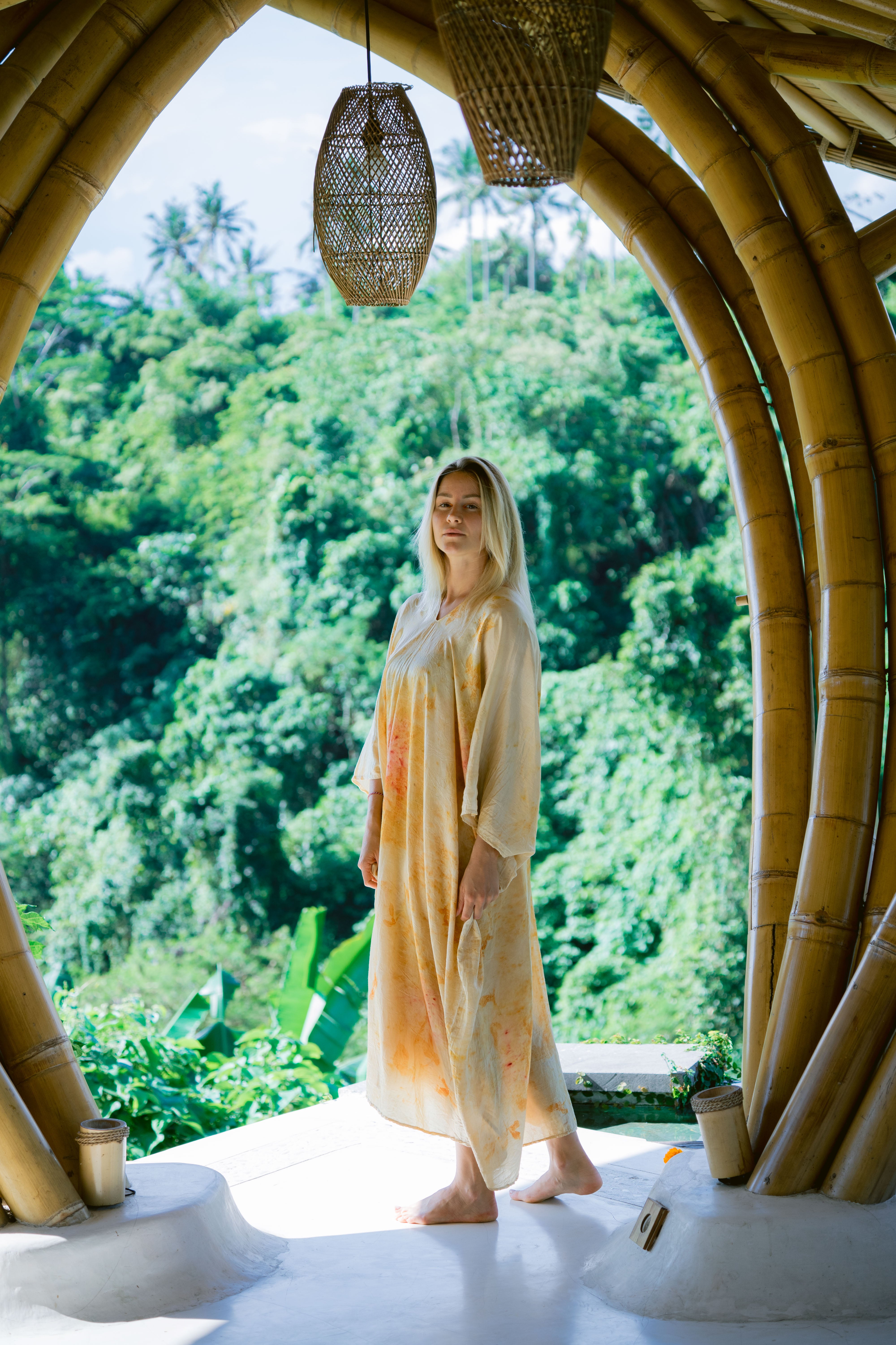 The Parvati – Red & Yellow Cotton Silk Eco Print Dress