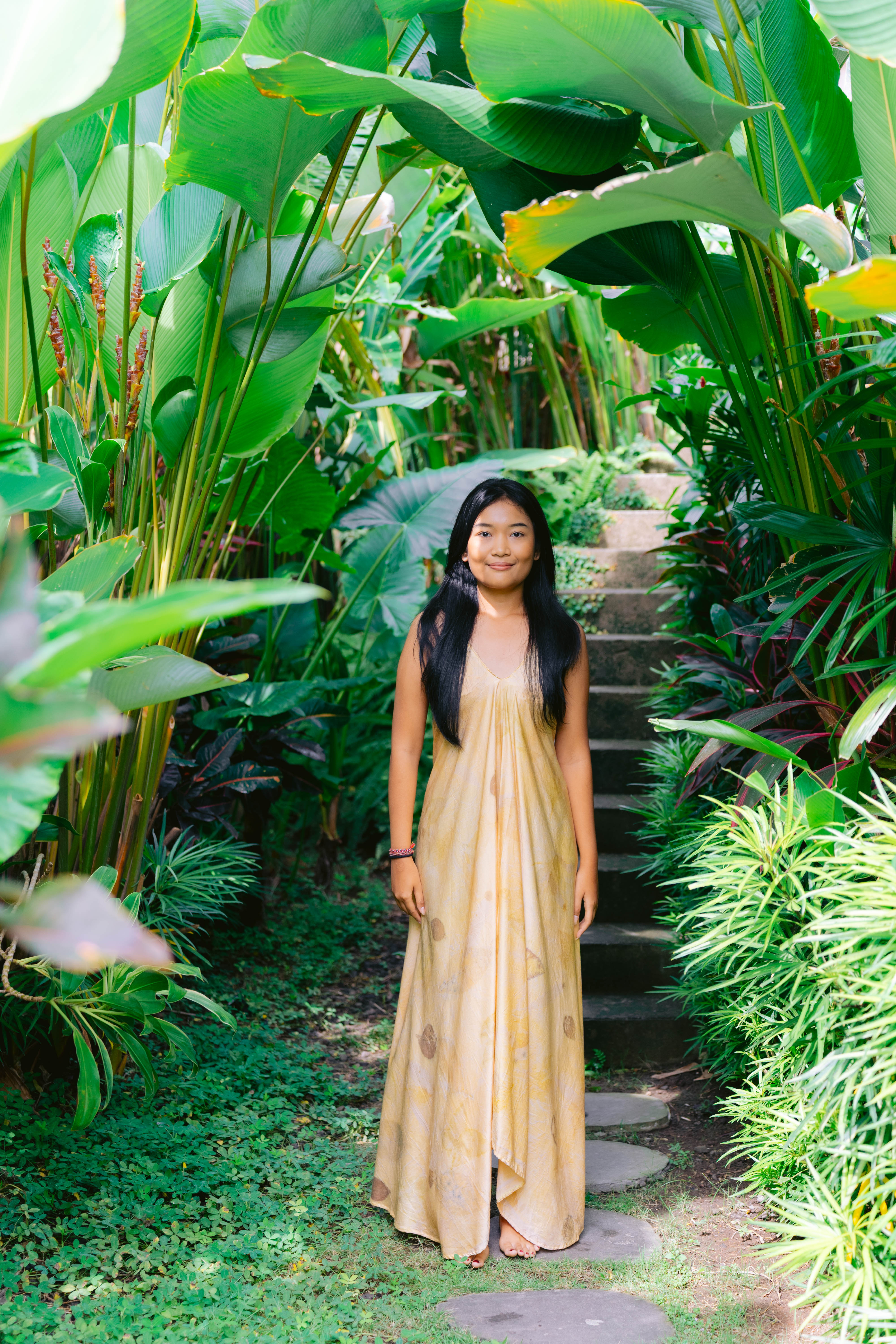 The Goddess – White & Golden Yellow Cotton Silk Eco Print Dress