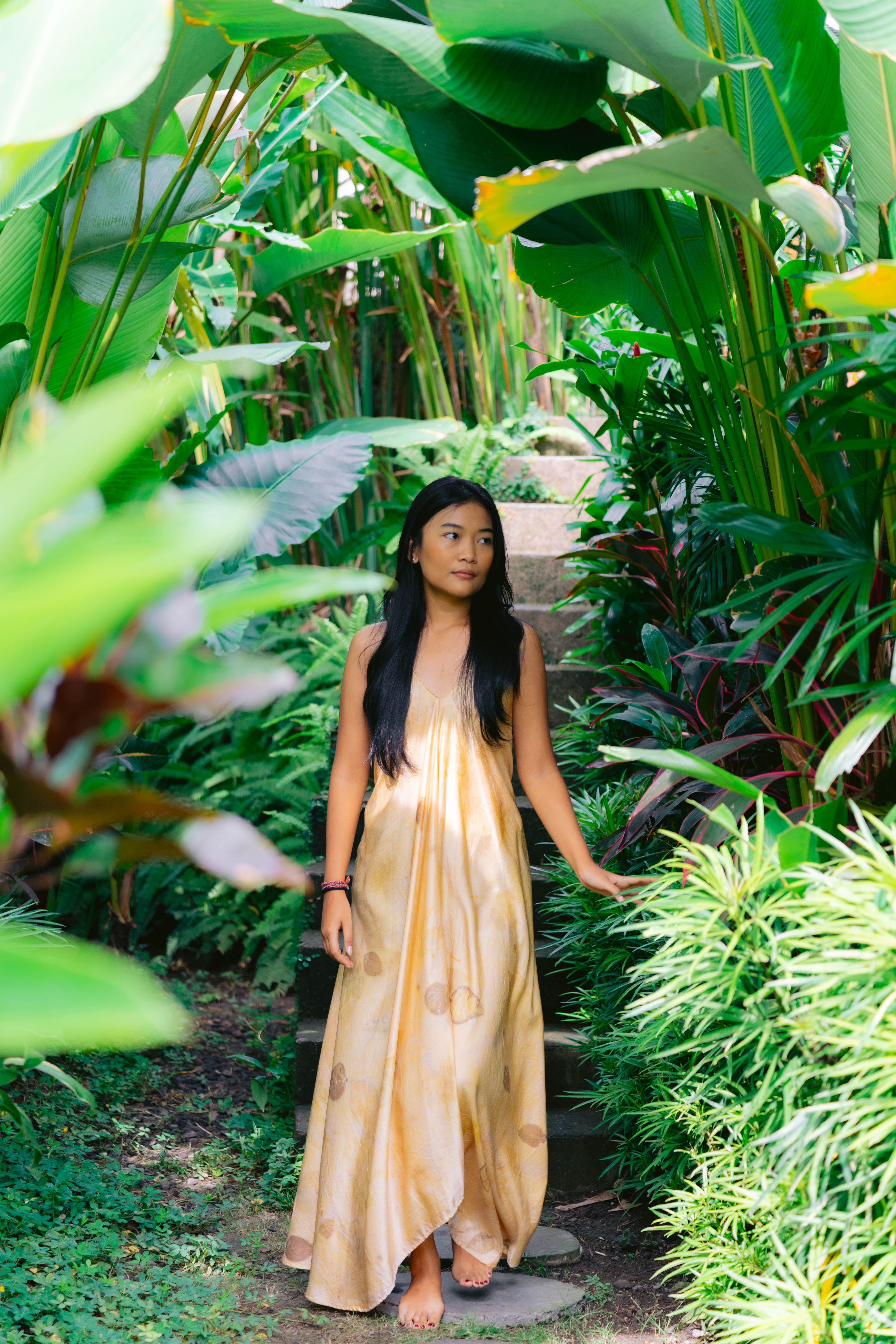 The Goddess – White & Golden Yellow Cotton Silk Eco Print Dress